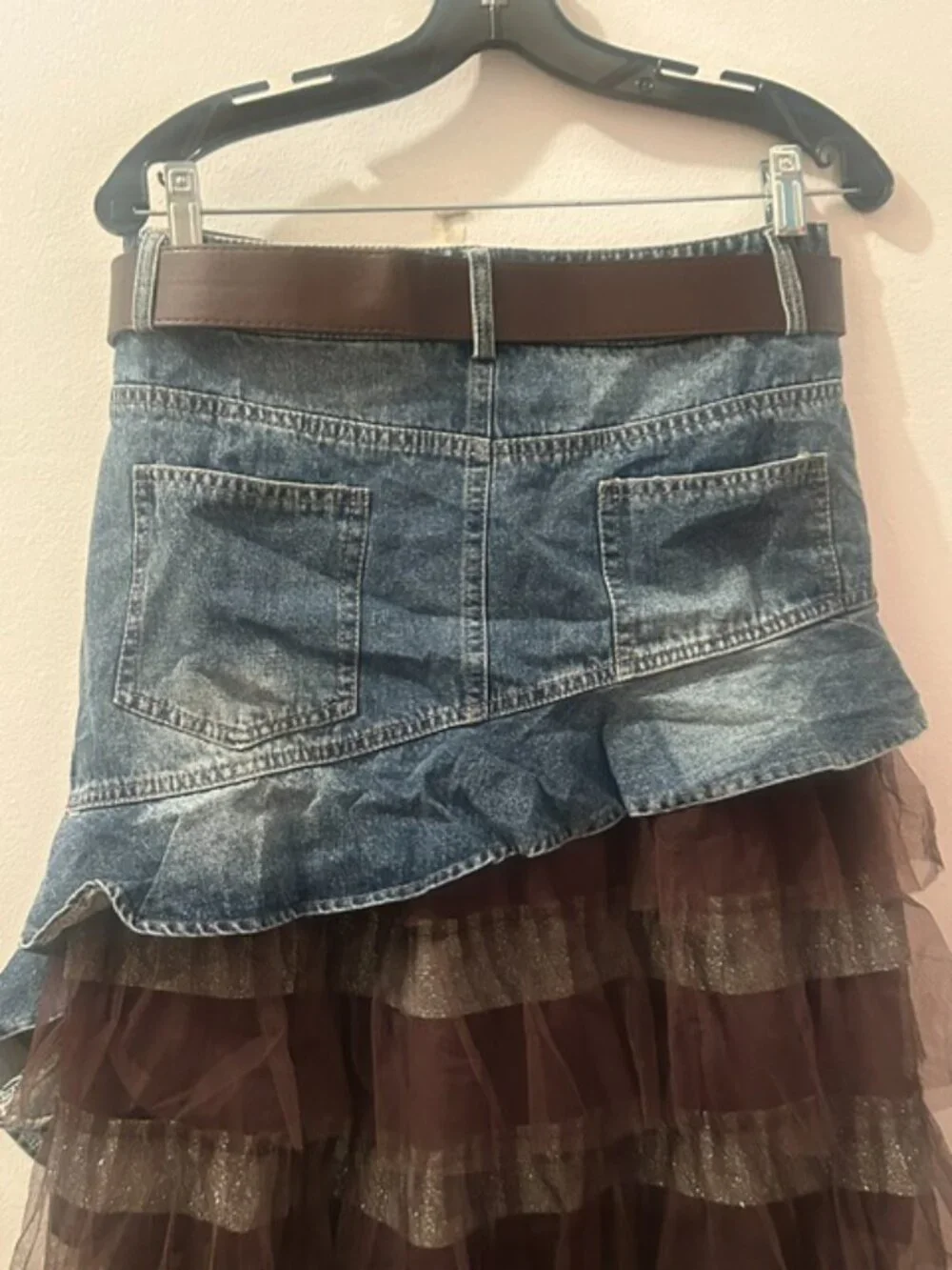 Luxe & Leather by Madonna & Co Lush Brown Tulle-Denim Belted Glitter Skirt NEW